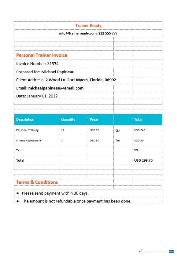 Download Personal Trainer Invoice Template Photoshop template